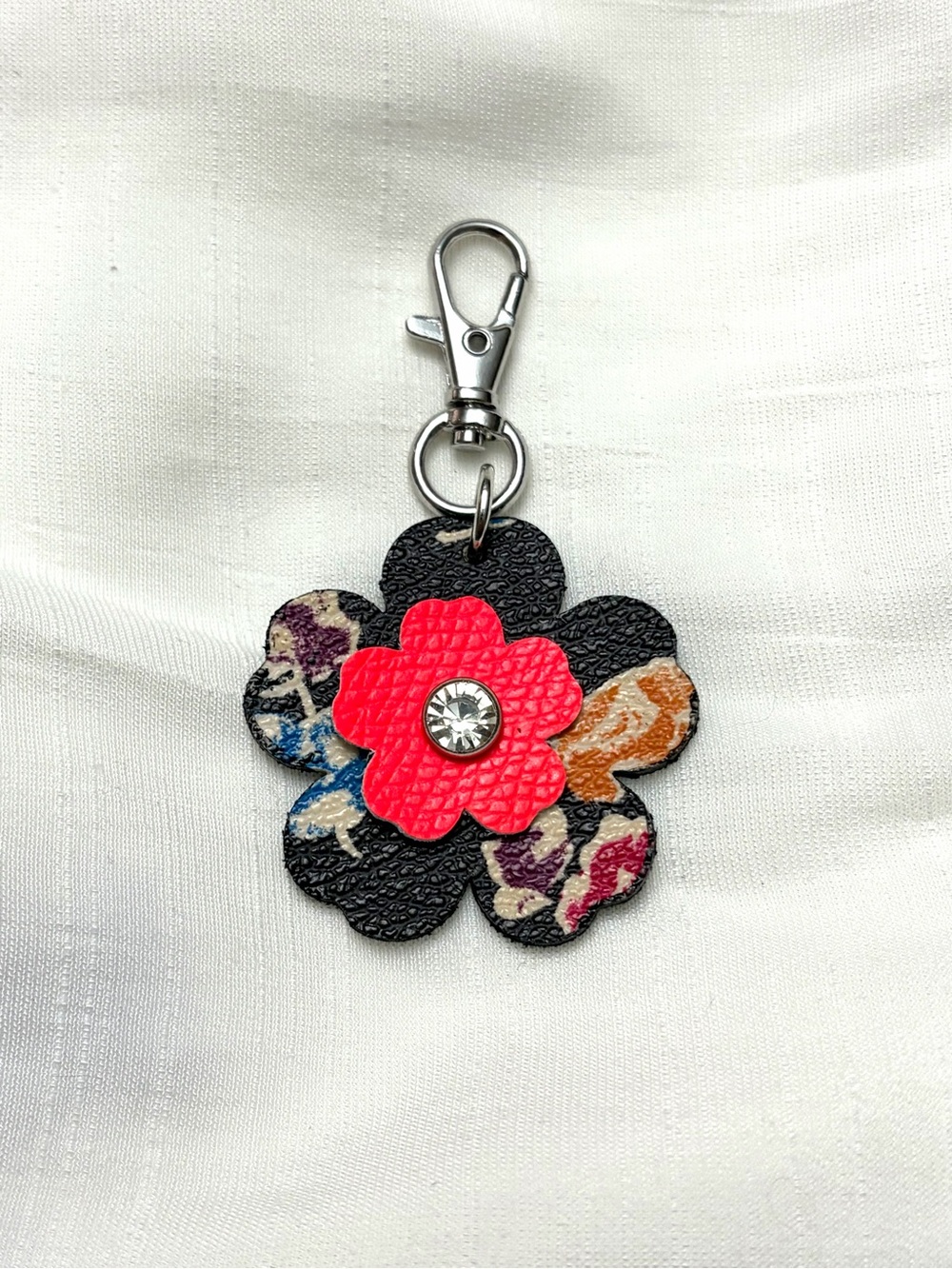 Upcycled COACH Floral Leatherette Keychain Charm in Black and Pink